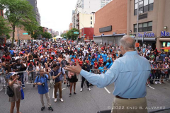 Nick Lugo, President & CEO of the New York City Hispanic Chamber of Commerce speaks on the Nickelodeon stage to the crown during the 37th Anniversary 116th Street Festival in East Harlem on Saturday, June 11, 2022

Photography by Enid B. Alvarez