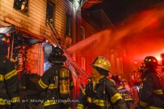 A two-alarm fire broke out at 37 Garnet St., Brooklyn, around 12:30 a.m. on Thu., May 6, 2021. Fire spread throughout the two-story dwelling and extended to the building next door. The fire took over an hour to bring under control, and its cause was under investigation.