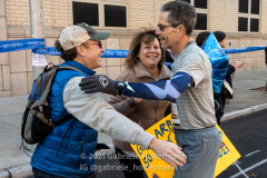 Friends greet Gary Muhrcke, who won the first New York City Marathon in 1971, runs In celebration of the 50th marathon in New York, New York, on Nov. 7, 2021. (Photo by Gabriele Holtermann)