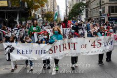 Kids carrying a banner ro remind of WWII participate in the 102nd Veterans Day Parade along 5th Avenue in New York, New York, on Nov. 11, 2021. (Photo by Gabriele Holtermann/Sipa USA)