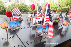 New York, 9.11 20th Anniversary Ceremony held at Ground Zero. Families and Friends gather to hear the names of the victims of the World Trade Center Attack. Families place flowers and photographs on the names of the victims.