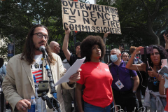 Protestors outside the commemoration ceremony at the National 9/11 Memorial and Museum on September 11, 2021 in New York City. The nation is marking the 20th anniversary of the terror attacks of September 11, 2001, when the terrorist group al-Qaeda flew hijacked airplanes into the World Trade Center, Shanksville, PA and the Pentagon, killing nearly 3,000 people