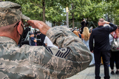 A man plays TAPS while others stand in salute to those who were lost, who faught and who worked hard due to the tragic attack on the Twin Towers 20 years ago on 9/11.

Hundreds of people came to the memorial to pay tribute to their family members and loved ones marking the 20th anniversary of the tragedy that struck NYC and shocked the world on 9/11/01. (C) Bianca Otero