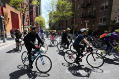 The annual NYC Five Boro Bike Tour exits the FDR Drive and passes through the Upper East Side of Manhattan as it heads to Queens 5/1/22.   Always held on the first Sunday of May, the 40 mile tour has over 30,000 participants. Copyright Jon Simon