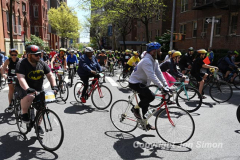 The annual NYC Five Boro Bike Tour exits the FDR Drive and passes through the Upper East Side of Manhattan as it heads to Queens 5/1/22.   Always held on the first Sunday of May, the 40 mile tour has over 30,000 participants. Copyright Jon Simon