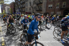 The annual NYC Five Boro Bike Tour exits the FDR Drive and passes through the Upper East Side of Manhattan as it heads to Queens 5/1/22.   Always held on the first Sunday of May, the 40 mile tour has over 30,000 participants. Copyright Jon Simon