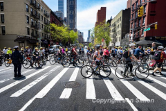 The annual NYC Five Boro Bike Tour exits the FDR Drive and passes through the Upper East Side of Manhattan as it heads to Queens 5/1/22.   Always held on the first Sunday of May, the 40 mile tour has over 30,000 participants. Copyright Jon Simon
