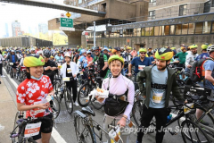 The annual NYC Five Boro Bike Tour exits the FDR Drive and passes through the Upper East Side of Manhattan as it heads to Queens 5/1/22.   Always held on the first Sunday of May, the 40 mile tour has over 30,000 participants. Copyright Jon Simon