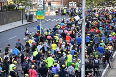 The annual NYC Five Boro Bike Tour exits the FDR Drive and passes through the Upper East Side of Manhattan as it heads to Queens 5/1/22.   Always held on the first Sunday of May, the 40 mile tour has over 30,000 participants. Copyright Jon Simon