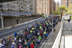 The annual NYC Five Boro Bike Tour exits the FDR Drive and passes through the Upper East Side of Manhattan as it heads to Queens 5/1/22.   Always held on the first Sunday of May, the 40 mile tour has over 30,000 participants. Copyright Jon Simon