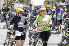 The annual NYC Five Boro Bike Tour exits the FDR Drive and passes through the Upper East Side of Manhattan as it heads to Queens 5/1/22.   Always held on the first Sunday of May, the 40 mile tour has over 30,000 participants. Copyright Jon Simon
