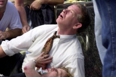 Having escaped from the World Trade Center after the hijacked planes hit, Janet Liso, who works on the 67th floor as an investment manager for the Port Authority, is aided by a colleague who stares transfixed as the towers burn.
victim survivor