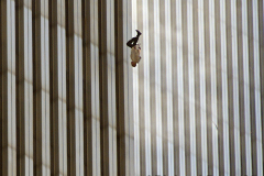A person falls from the north tower of New York's World Trade Center in this Sept. 11, 2001, after terrorists crashed two hijacked airliners into the World Trade Center and brought down the twin 110-story towers. (AP Photo/Richard Drew/)