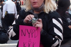 Abolish I.C.E. protest at Duffy Square in Times Square N.Y.C. Protestors blocked the streets with bicycles and made a human wall with them interlocking arms to deny vehicle traffic to move along Broadway. N.Y.P.D moved in quickly and arrested the protestors about 100 of them were handcuffed and taken into custody.
