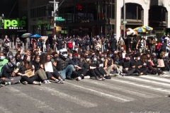 Abolish I.C.E. protest at Duffy Square in Times Square N.Y.C. Protestors blocked the streets with bicycles and made a human wall with them interlocking arms to deny vehicle traffic to move along Broadway. N.Y.P.D moved in quickly and arrested the protestors about 100 of them were handcuffed and taken into custody.