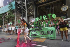 NEW YORK, NY - JULY  9:  Symbolic blood is poured on Fifth Avenue in front of Trump Tower during an abortion rights march in midtown Manhattan on July 9, 2022 in New York City. (Photo by Porter Binks)