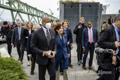 Mayor Eric Adams and Governor Kathy Hochul along with members of the Hudson River Park Trust cut the ribbon for the grand opening of a public rooftop park on top of Pier 57 in Manhattan, 4/18/22.   Governor and Mayor arrive.   Copyright Jon Simon