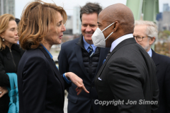 Mayor Eric Adams and Governor Kathy Hochul along with members of the Hudson River Park Trust cut the ribbon for the grand opening of a public rooftop park on top of Pier 57 in Manhattan, 4/18/22.  The Mayor and Noreen Doyle, President & Chief Executive Officer of the Hudson River Park Trust chat.  Copyright Jon Simon