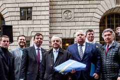 NYC Mayor ERIC ADAMS spoke to the public and raised both the American and Ukrainian flags together to show solidarity with Ukraine and to commemorate a month since the unprovoked attack made by Russia on the Ukraine in Bowling Green, Downtown Manhattan.
Key Ukrainian representatives as well as local politicians came to show support as well as members of  LGBTQ, RAZOM and Americans for Ukraine amongst others.  Bowling Green, Manhattan, NYC. Wednesday, March 23, 2022. (C) Bianca Otero