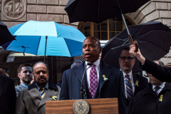 NYC Mayor ERIC ADAMS spoke to the public and raised both the American and Ukrainian flags together to show solidarity with Ukraine and to commemorate a month since the unprovoked attack made by Russia on the Ukraine in Bowling Green, Downtown Manhattan.
Key Ukrainian representatives as well as local politicians came to show support as well as members of  LGBTQ, RAZOM and Americans for Ukraine amongst others.  Bowling Green, Manhattan, NYC. Wednesday, March 23, 2022. (C) Bianca Otero