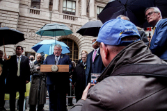 NYC Mayor ERIC ADAMS spoke to the public and raised both the American and Ukrainian flags together to show solidarity with Ukraine and to commemorate a month since the unprovoked attack made by Russia on the Ukraine in Bowling Green, Downtown Manhattan.
Key Ukrainian representatives as well as local politicians came to show support as well as members of  LGBTQ, RAZOM and Americans for Ukraine amongst others.  Bowling Green, Manhattan, NYC. Wednesday, March 23, 2022. (C) Bianca Otero