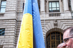 NYC Mayor ERIC ADAMS spoke to the public and raised both the American and Ukrainian flags together to show solidarity with Ukraine and to commemorate a month since the unprovoked attack made by Russia on the Ukraine in Bowling Green, Downtown Manhattan.
Key Ukrainian representatives as well as local politicians came to show support as well as members of  LGBTQ, RAZOM and Americans for Ukraine amongst others.  Bowling Green, Manhattan, NYC. Wednesday, March 23, 2022. (C) Bianca Otero