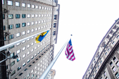 NYC Mayor ERIC ADAMS spoke to the public and raised both the American and Ukrainian flags together to show solidarity with Ukraine and to commemorate a month since the unprovoked attack made by Russia on the Ukraine in Bowling Green, Downtown Manhattan.
Key Ukrainian representatives as well as local politicians came to show support as well as members of  LGBTQ, RAZOM and Americans for Ukraine amongst others.  Bowling Green, Manhattan, NYC. Wednesday, March 23, 2022. (C) Bianca Otero