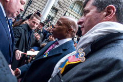 NYC Mayor ERIC ADAMS spoke to the public and raised both the American and Ukrainian flags together to show solidarity with Ukraine and to commemorate a month since the unprovoked attack made by Russia on the Ukraine in Bowling Green, Downtown Manhattan.
Key Ukrainian representatives as well as local politicians came to show support as well as members of  LGBTQ, RAZOM and Americans for Ukraine amongst others.  Bowling Green, Manhattan, NYC. Wednesday, March 23, 2022. (C) Bianca Otero