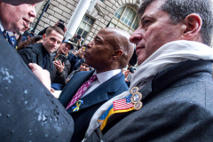 NYC Mayor ERIC ADAMS spoke to the public and raised both the American and Ukrainian flags together to show solidarity with Ukraine and to commemorate a month since the unprovoked attack made by Russia on the Ukraine in Bowling Green, Downtown Manhattan.
Key Ukrainian representatives as well as local politicians came to show support as well as members of  LGBTQ, RAZOM and Americans for Ukraine amongst others.  Bowling Green, Manhattan, NYC. Wednesday, March 23, 2022. (C) Bianca Otero