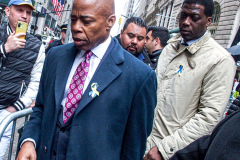 NYC Mayor ERIC ADAMS spoke to the public and raised both the American and Ukrainian flags together to show solidarity with Ukraine and to commemorate a month since the unprovoked attack made by Russia on the Ukraine in Bowling Green, Downtown Manhattan.
Key Ukrainian representatives as well as local politicians came to show support as well as members of  LGBTQ, RAZOM and Americans for Ukraine amongst others.  Bowling Green, Manhattan, NYC. Wednesday, March 23, 2022. (C) Bianca Otero