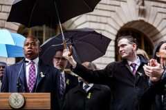 NYC Mayor ERIC ADAMS spoke to the public and raised both the American and Ukrainian flags together to show solidarity with Ukraine and to commemorate a month since the unprovoked attack made by Russia on the Ukraine in Bowling Green, Downtown Manhattan.
Key Ukrainian representatives as well as local politicians came to show support as well as members of  LGBTQ, RAZOM and Americans for Ukraine amongst others.  Bowling Green, Manhattan, NYC. Wednesday, March 23, 2022. (C) Bianca Otero