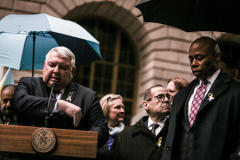 NYC Mayor ERIC ADAMS spoke to the public and raised both the American and Ukrainian flags together to show solidarity with Ukraine and to commemorate a month since the unprovoked attack made by Russia on the Ukraine in Bowling Green, Downtown Manhattan.
Key Ukrainian representatives as well as local politicians came to show support as well as members of  LGBTQ, RAZOM and Americans for Ukraine amongst others.  Bowling Green, Manhattan, NYC. Wednesday, March 23, 2022. (C) Bianca Otero