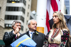 NYC Mayor ERIC ADAMS spoke to the public and raised both the American and Ukrainian flags together to show solidarity with Ukraine and to commemorate a month since the unprovoked attack made by Russia on the Ukraine in Bowling Green, Downtown Manhattan.
Key Ukrainian representatives as well as local politicians came to show support as well as members of  LGBTQ, RAZOM and Americans for Ukraine amongst others.  Bowling Green, Manhattan, NYC. Wednesday, March 23, 2022. (C) Bianca Otero