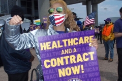 NEW YORK - Airport workers rally for fair contract. 10,000 workers at the 3 major airports in the New York Tri-State area hold signs and demand a fair contract including health benefits.Over 250 members of 32Bj union hold signs and chant in front of terminal 5 at John F. Kennedy airport some elected officials speak to the protestors.