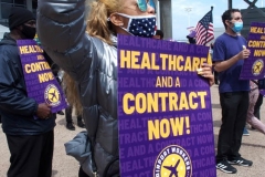 NEW YORK - Airport workers rally for fair contract. 10,000 workers at the 3 major airports in the New York Tri-State area hold signs and demand a fair contract including health benefits.Over 250 members of 32Bj union hold signs and chant in front of terminal 5 at John F. Kennedy airport some elected officials speak to the protestors.