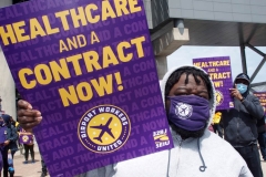 NEW YORK - Airport workers rally for fair contract. 10,000 workers at the 3 major airports in the New York Tri-State area hold signs and demand a fair contract including health benefits.Over 250 members of 32Bj union hold signs and chant in front of terminal 5 at John F. Kennedy airport some elected officials speak to the protestors.