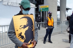 NEW YORK - Airport workers rally for fair contract. 10,000 workers at the 3 major airports in the New York Tri-State area hold signs and demand a fair contract including health benefits.Over 250 members of 32Bj union hold signs and chant in front of terminal 5 at John F. Kennedy airport some elected officials speak to the protestors.