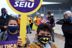 NEW YORK - Airport workers rally for fair contract. 10,000 workers at the 3 major airports in the New York Tri-State area hold signs and demand a fair contract including health benefits.Over 250 members of 32Bj union hold signs and chant in front of terminal 5 at John F. Kennedy airport some elected officials speak to the protestors.