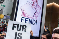 Protesters come together to rally against fur production and fur trade as well as animal rights on 59th street in Midtown Manhattan. Starting from Pulitzer fountain and marching to Central Park where horse carriages are stationed, they continued to several selected stores such as Dior and Celine and more to protest their sales on furs. As a global movement other cities in the US and UK marched on what is considered International Anti-Fur March day. Several key figures and activists were asked to speak and lead the marches. (C) Bianca Otero. NYC. October 09, 2021