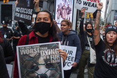 Protesters come together to rally against fur production and fur trade as well as animal rights on 59th street in Midtown Manhattan. Starting from Pulitzer fountain and marching to Central Park where horse carriages are stationed, they continued to several selected stores such as Dior and Celine and more to protest their sales on furs. As a global movement other cities in the US and UK marched on what is considered International Anti-Fur March day. Several key figures and activists were asked to speak and lead the marches. (C) Bianca Otero. NYC. October 09, 2021