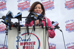 Mayor Bill de Blasio speaks at the reopening of the Coney Island amusement area in New York.
Photo By Beth Eisgrau-Heller