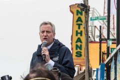Mayor Bill de Blasio speaks at the reopening of the Coney Island amusement area in New York.