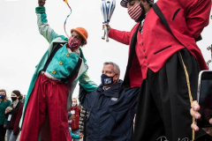 Mayor Bill de Blasio and jugglers greet patrons at the reopening of the Coney Island amusement area in New York. at the reopening of the Coney Island amusement area in New York.