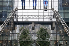 The members of the STREB Extreme Action company perform up high in an experimental dance piece entitled "Molinette" inside the public plaza of the Manhattan West Plaza at 395 9th Ave in Manhattan NY on September 17, 2021. (Photo by Andrew Schwartz)