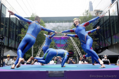 The members of the STREB Extreme Action company perform on a rotating stage in an experimental dance piece entitled "Plateshift" inside the public plaza of the Manhattan West Plaza at 395 9th Ave in Manhattan NY on September 17, 2021. (Photo by Andrew Schwartz)