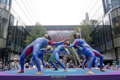 The members of the STREB Extreme Action company perform on a rotating stage in an experimental dance piece entitled "Plateshift" inside the public plaza of the Manhattan West Plaza at 395 9th Ave in Manhattan NY on September 17, 2021. (Photo by Andrew Schwartz)