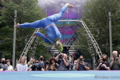 The members of the STREB Extreme Action company perform on a rotating stage in an experimental dance piece entitled "Plateshift" inside the public plaza of the Manhattan West Plaza at 395 9th Ave in Manhattan NY on September 17, 2021. (Photo by Andrew Schwartz)