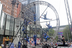 The members of the STREB Extreme Action company perform on a giant rotating wheel in an experimental dance piece entitled "Kaleidoscope" inside the public plaza of the Manhattan West Plaza at 395 9th Ave in Manhattan NY on September 17, 2021. (Photo by Andrew Schwartz)