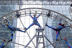 The members of the STREB Extreme Action company perform on a giant rotating wheel in an experimental dance piece entitled "Kaleidoscope" inside the public plaza of the Manhattan West Plaza at 395 9th Ave in Manhattan NY on September 17, 2021. (Photo by Andrew Schwartz)