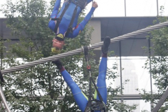 The members of the STREB Extreme Action company perform on a giant rotating wheel in an experimental dance piece entitled "Kaleidoscope" inside the public plaza of the Manhattan West Plaza at 395 9th Ave in Manhattan NY on September 17, 2021. (Photo by Andrew Schwartz)